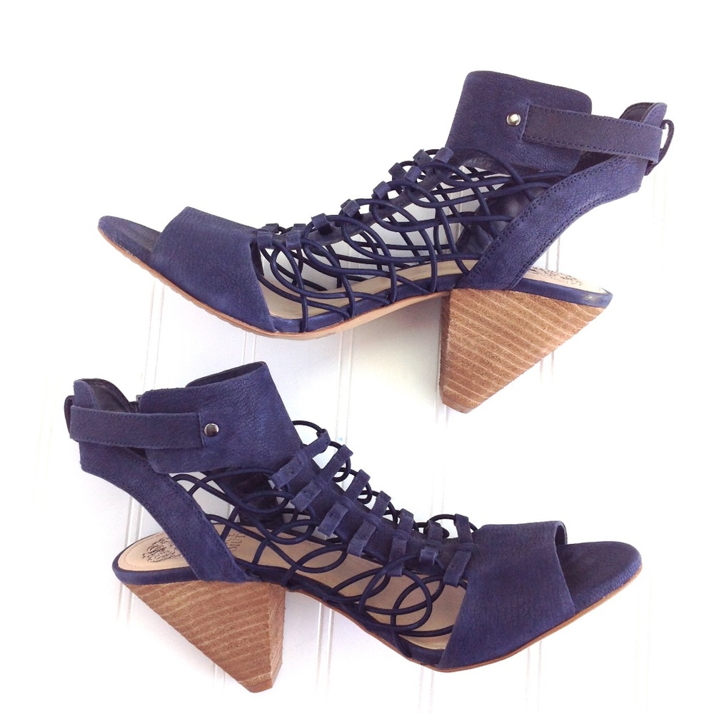 Vince Camuto Navy Leather Cage Cone Heel Sandal